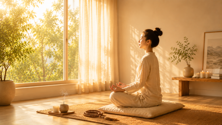 Warm meditation room with mala beads for Serene Mala homepage